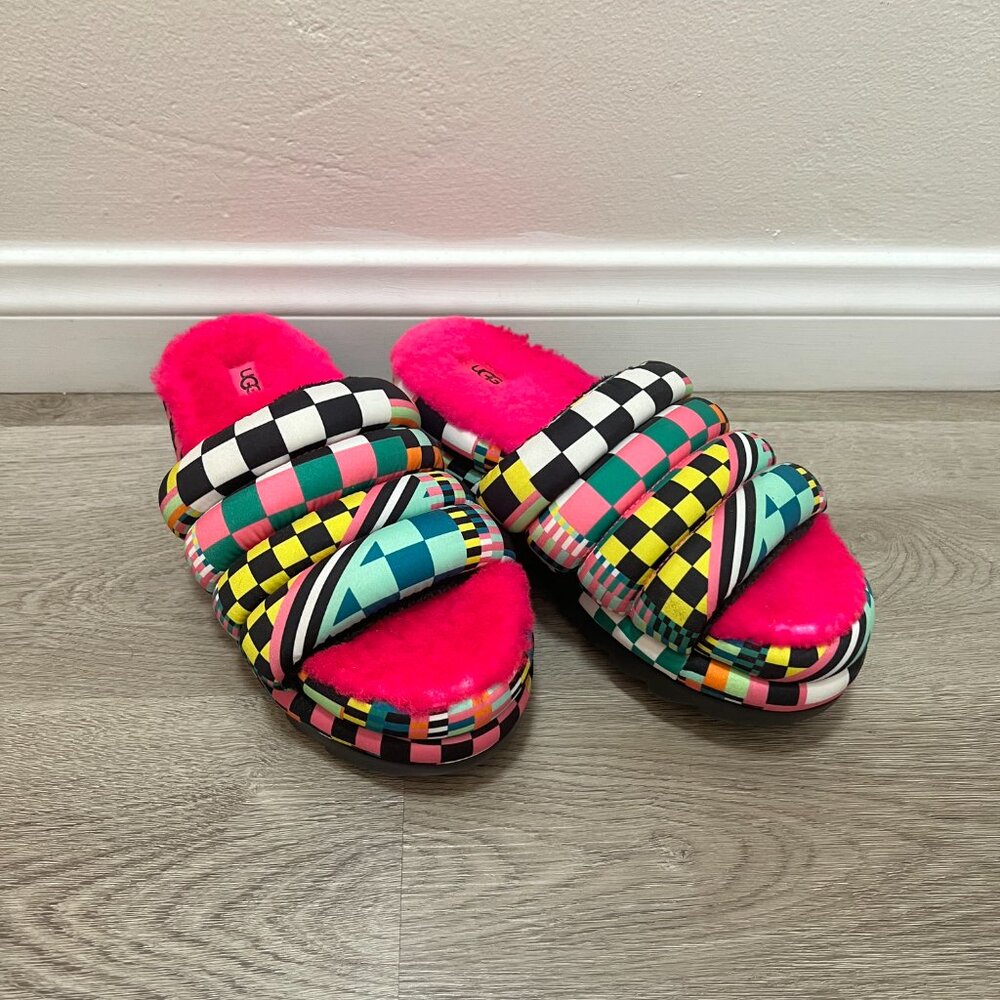 UGG MAXI CHECKS SHEEPSKIN PLATFORM SLIDE SANDALS, WOMEN US 8/ EUR 39 ~NEW